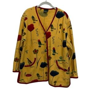 VTG Geiger Collections Yellow Jacket Bird Print 100% Wool Vintage Sweater Sz 40